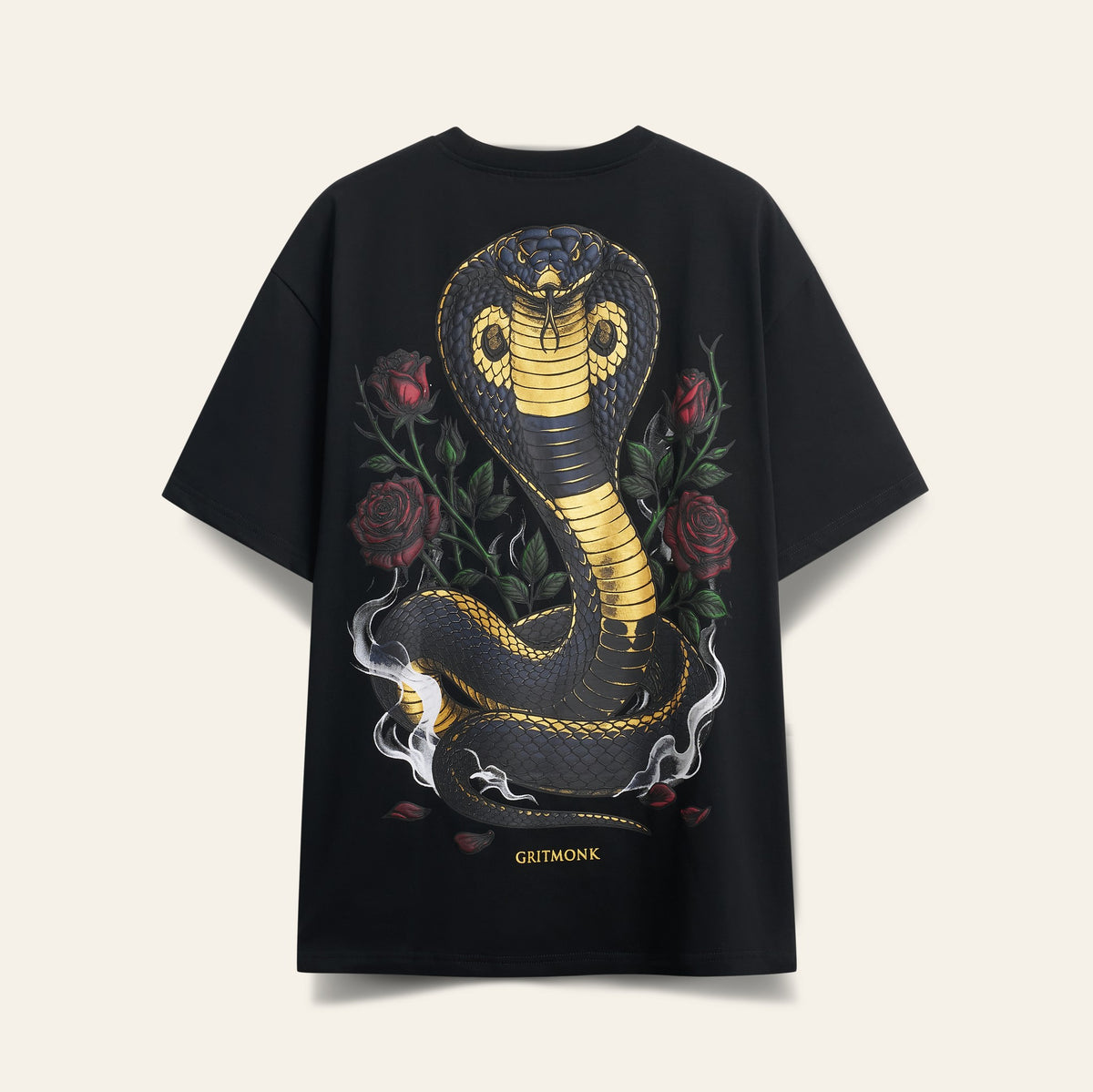 GRITMONK VENOM black oversized tee: back, cobra, roses and smoke in metallic gold and 3D puff