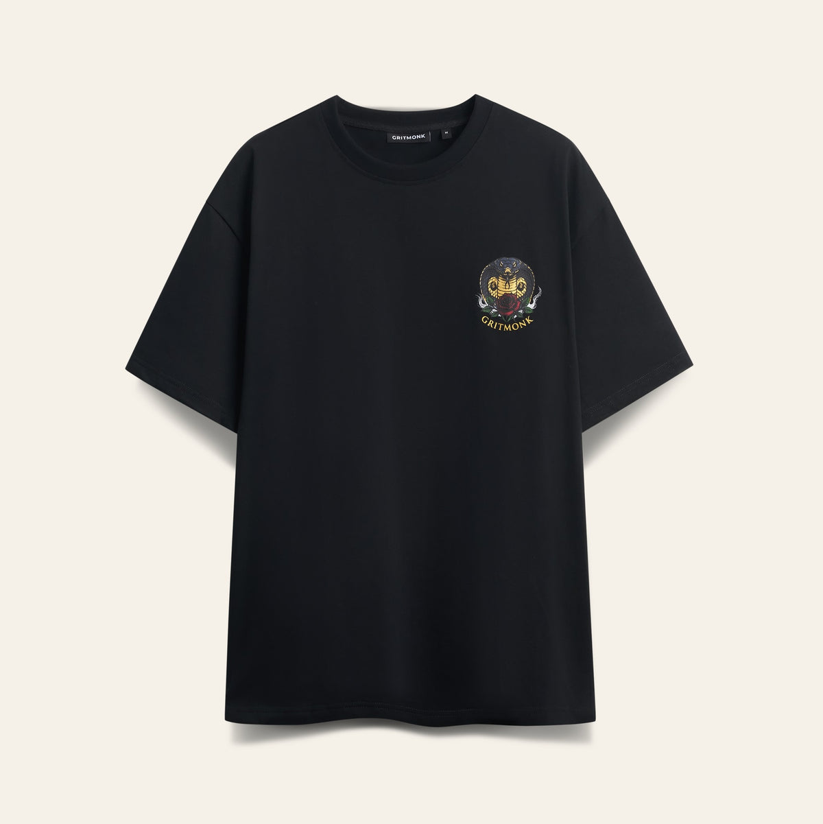 GRITMONK VENOM black oversized tee: front, cobra chest emblem