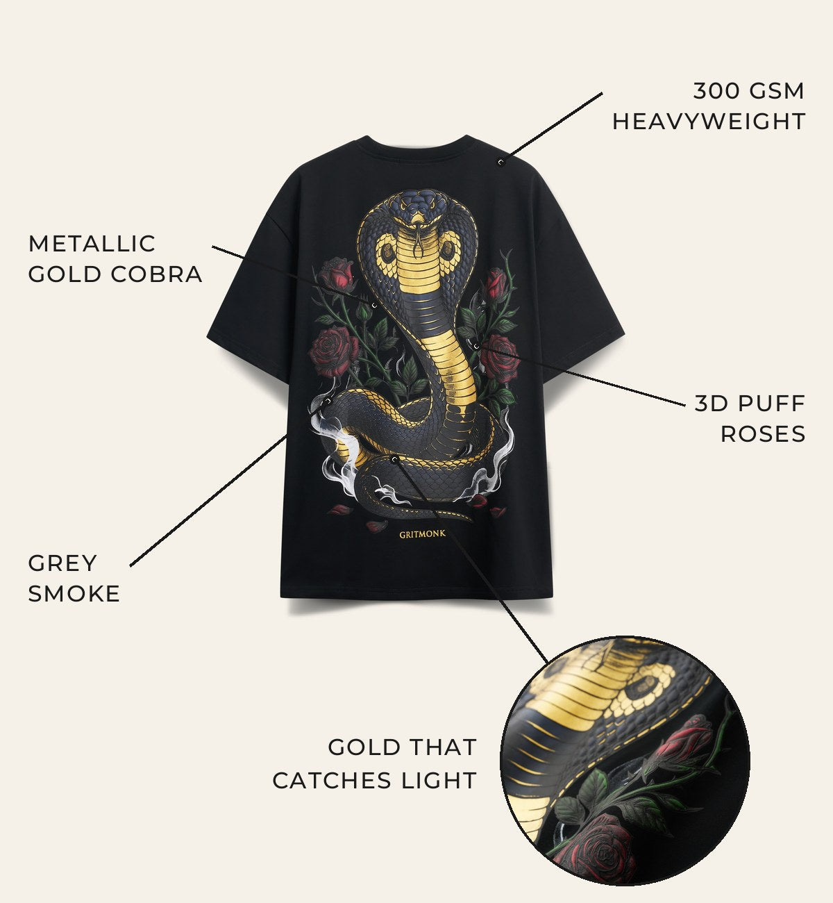 GRITMONK VENOM details: 300 GSM heavyweight, metallic gold cobra, 3D puff roses, grey smoke, close-up of the gold cobra