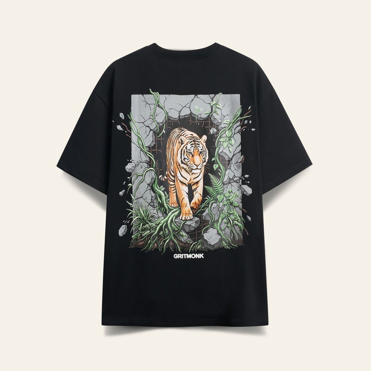 GRITMONK APEX black oversized tee: back, tiger through cracked concrete print
