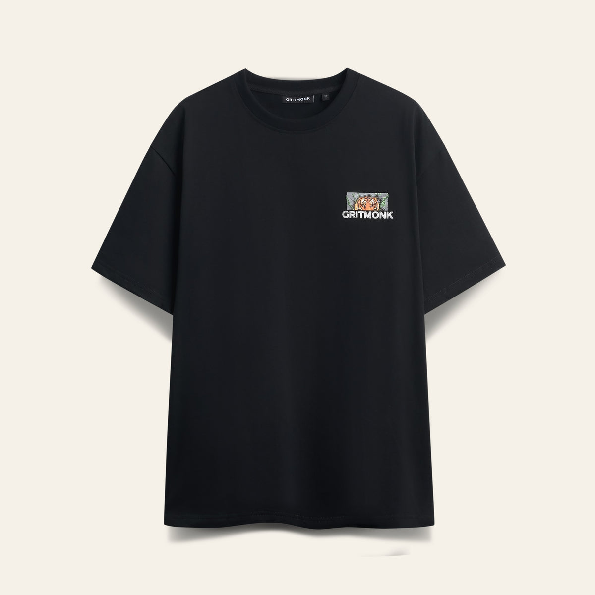 GRITMONK APEX black oversized tee: front, tiger chest print