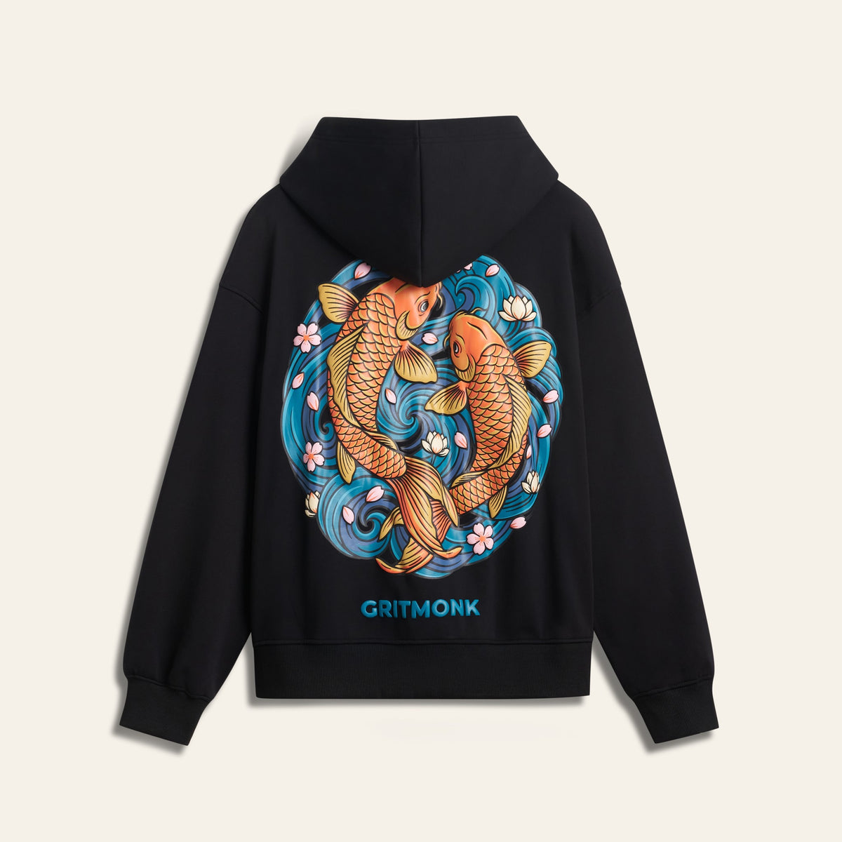GRITMONK ASCEND black hoodie: back, twin koi screen print with embossed outlines
