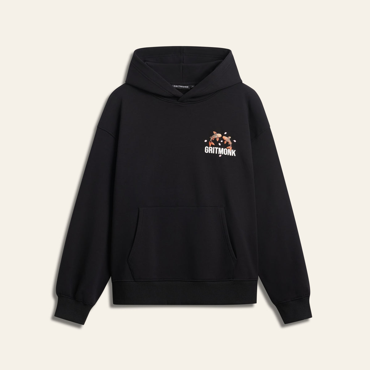 GRITMONK ASCEND black hoodie: front, koi chest print