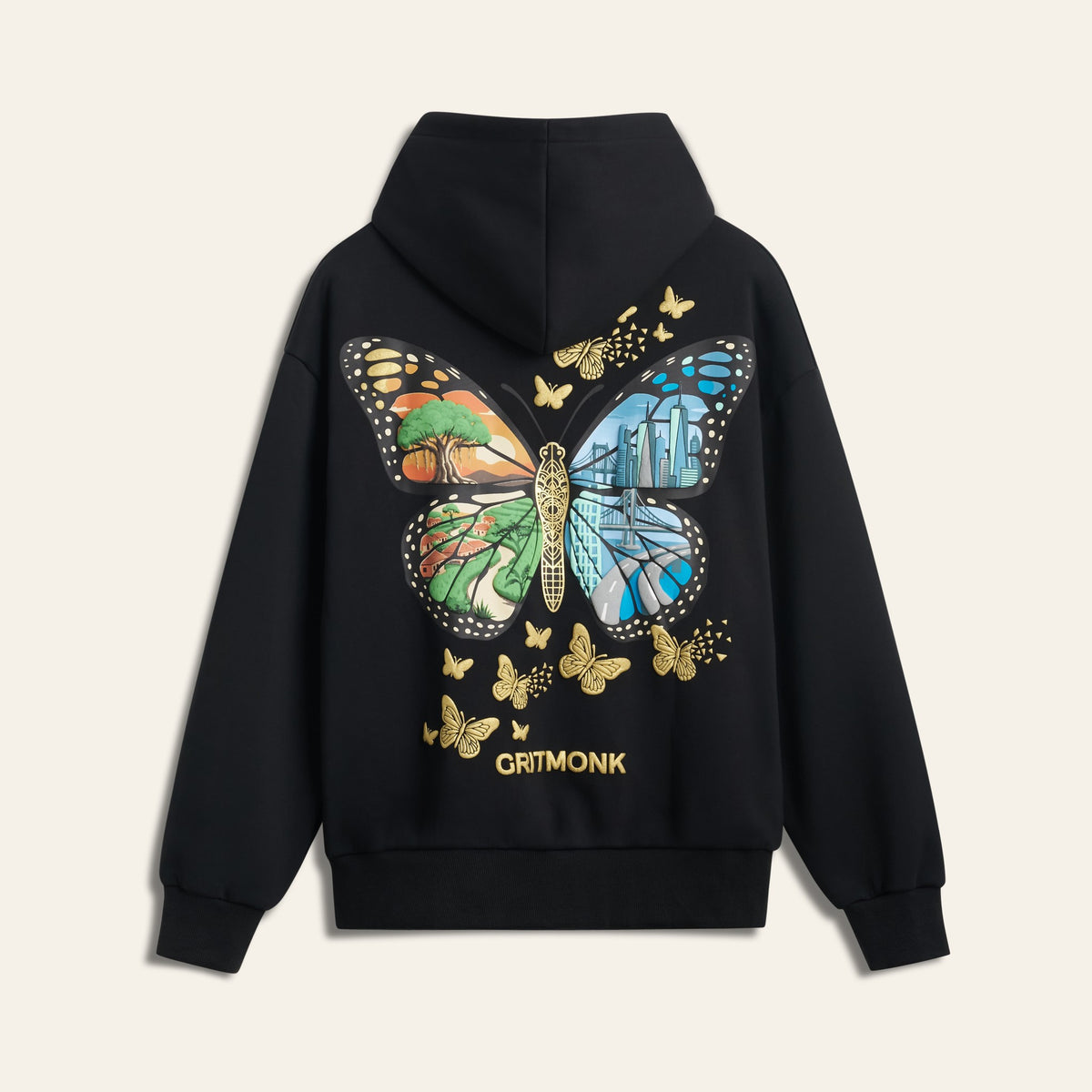 GRITMONK METAMORPH black hoodie: back, two-worlds butterfly in DTF, gold foil and 3D puff