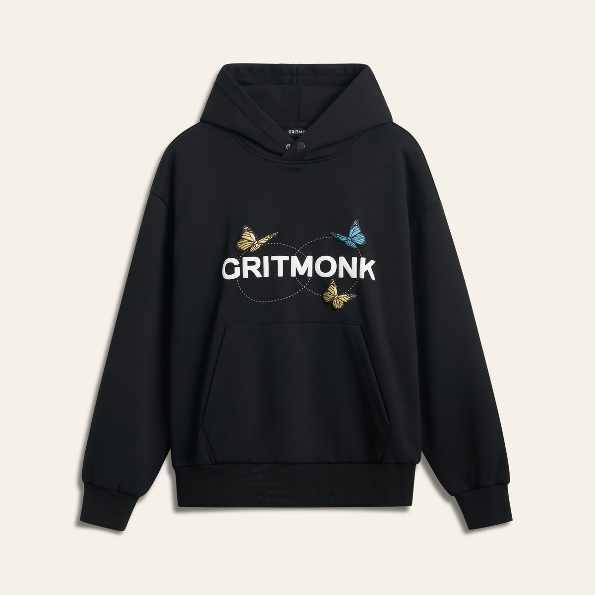 GRITMONK METAMORPH black hoodie: front, GRITMONK wordmark with butterflies