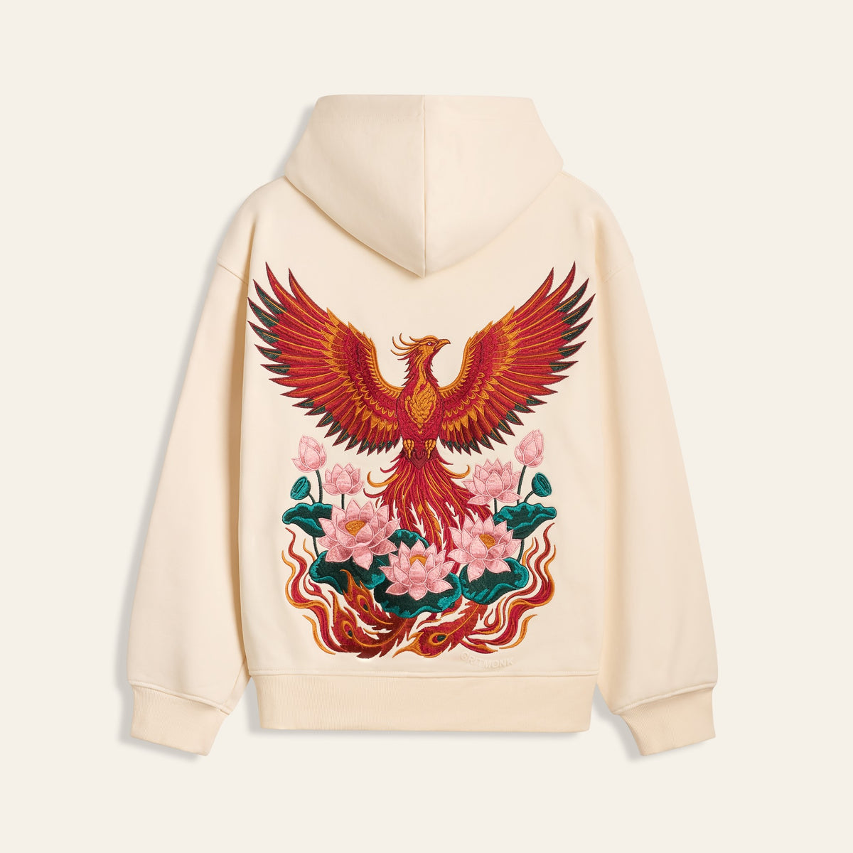 GRITMONK SAMSARA cream hoodie: back, phoenix and lotus embroidery