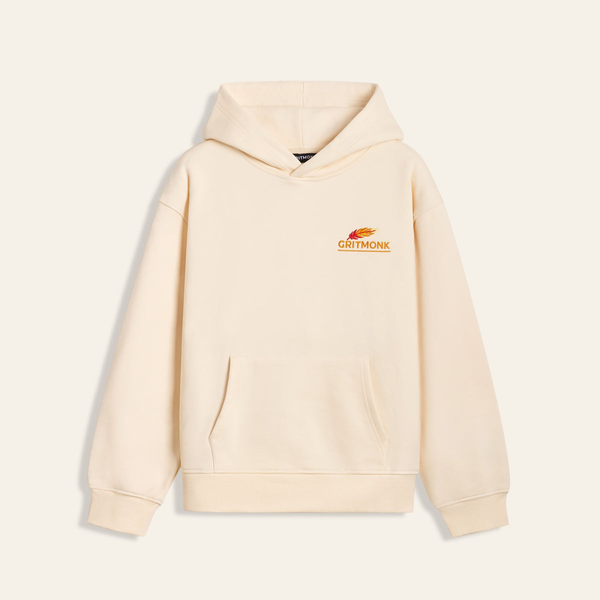 GRITMONK SAMSARA cream hoodie: front, embroidered phoenix-feather chest logo