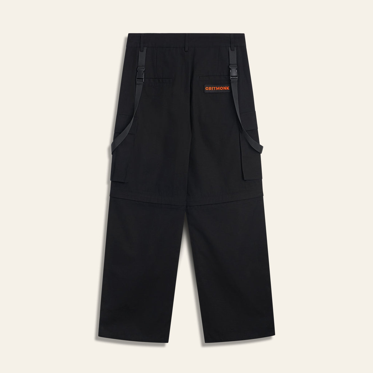 GRITMONK TRAIL black wide-leg cargo: back, orange GRITMONK pocket patch